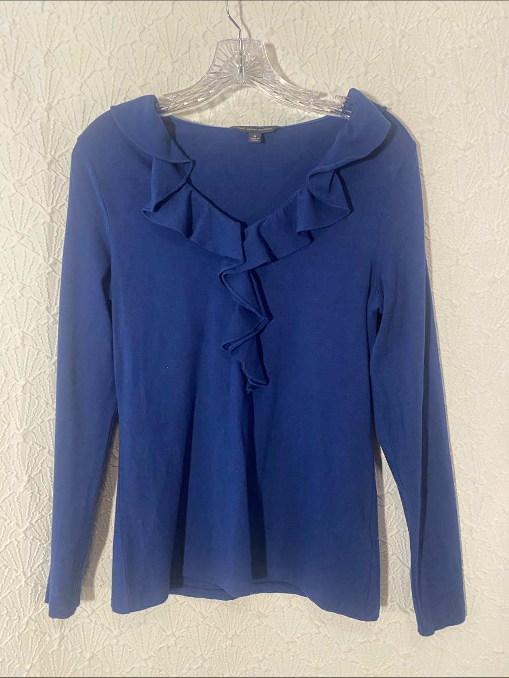 Brooks Brothers Navy Ruffle V-Neck Long Sleeve Top Professional Classic Graceful